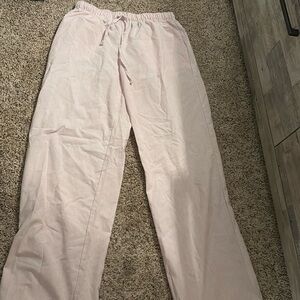 pink and white stripped linen pants